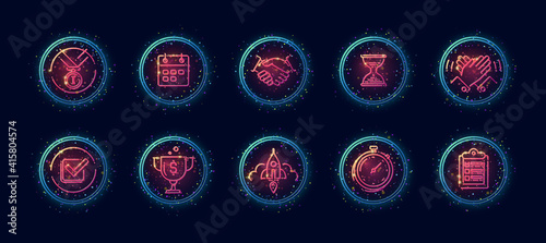 10 in 1 vector icons set related to turnaround theme. Lineart vector icons in geometric neon glow style with particles isolated on background.