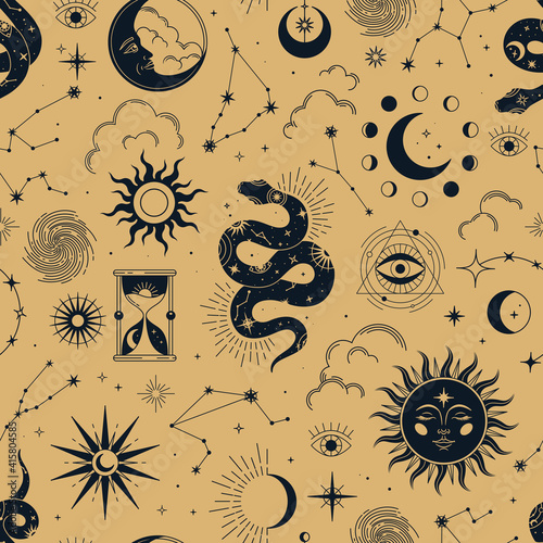 Vector magic seamless pattern with constellations, snakes, sun, moon, magic eyes, clouds and stars. Mystical esoteric background for design of fabric, packaging, astrology, phone case, yoga mat