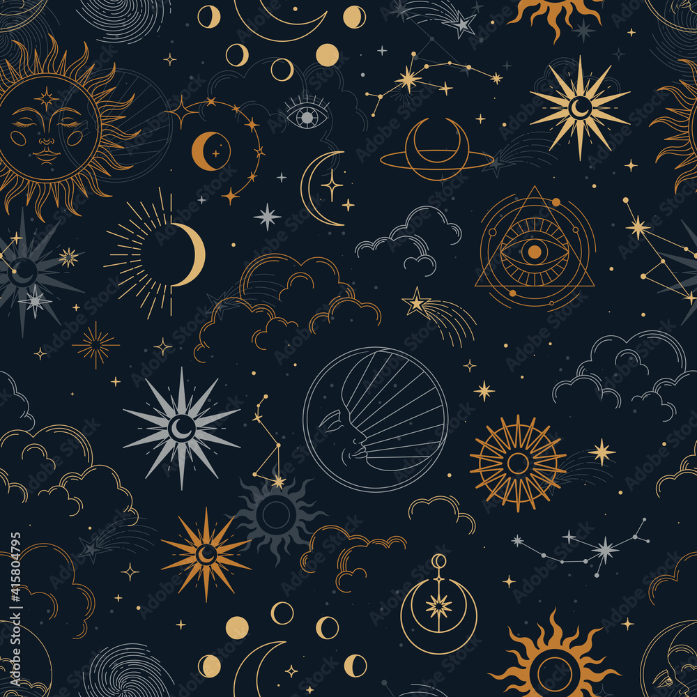 Vector magic seamless pattern with constellations, sun, moon, magic eyes, clouds and stars. Mystical esoteric background for design of fabric, packaging, astrology, phone case, yoga mat, notebook