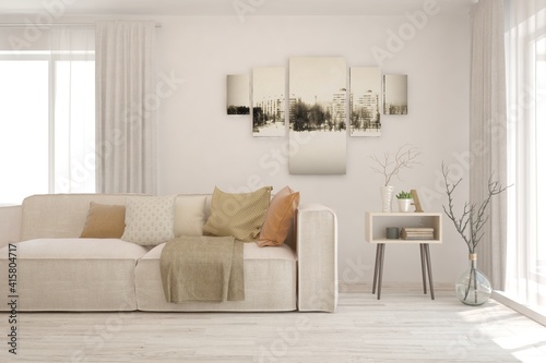 White living room with sofa. Scandinavian interior design. 3D illustration