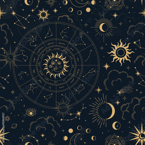 Vector magic seamless pattern with constellations, zodiac wheel, sun, moon, magic eyes, clouds and stars. Mystical esoteric background for design of fabric, packaging, astrology, phone case, yoga mat