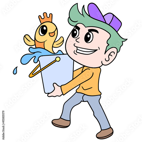 boy with a happy face carrying fish in the bucket from fishing, doodle icon image kawaii