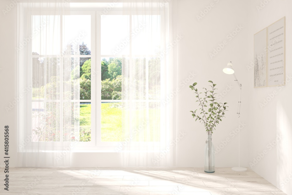 White empty room with summer landscape in window. Scandinavian interior design. 3D illustration White empty room with summer landscape in window. Scandinavian interior design. 3D illustration