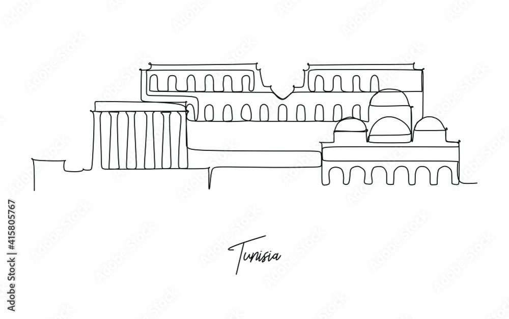 Landmark of  Tunisia skyline - Continuous one line drawing