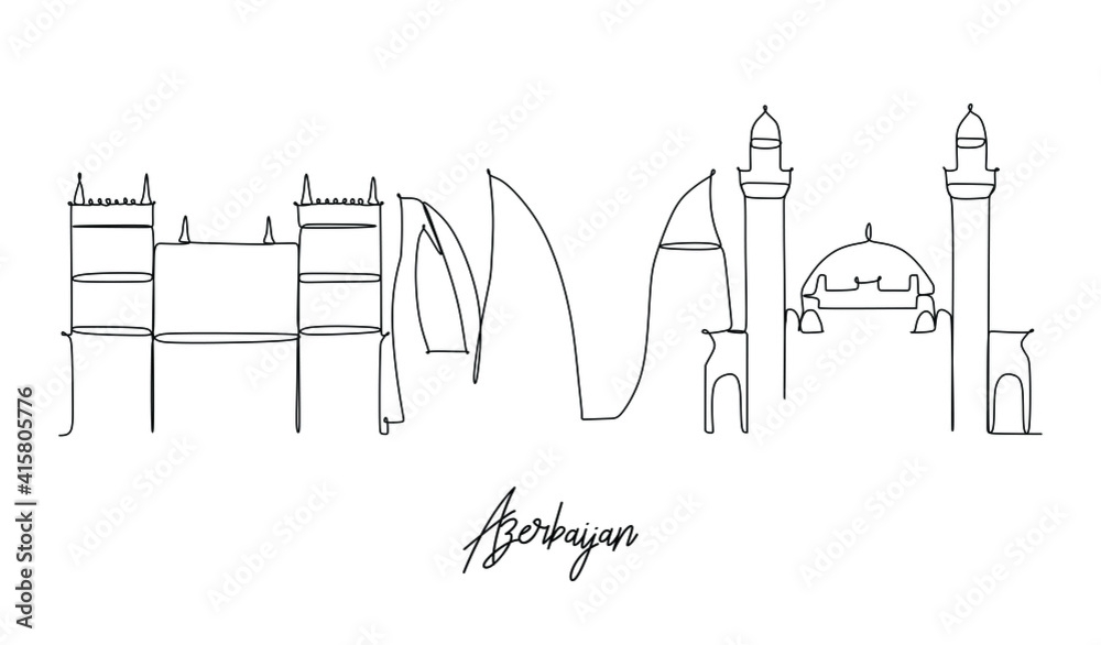 Landmarks of Azerbaijan skyline Continuous one line drawing