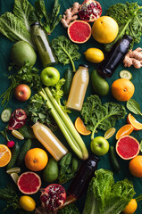 Fresh fruit and vegetable smoothies or juice in bottles with various ingredients around