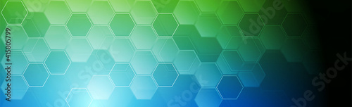 Bright blue and green abstract tech hexagonal geometrical background. Vector banner design