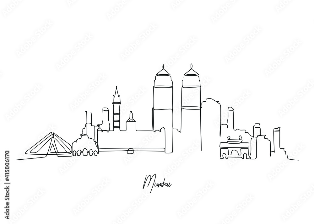 Mumbai city of the India landmarks skyline - Continuous one line drawing