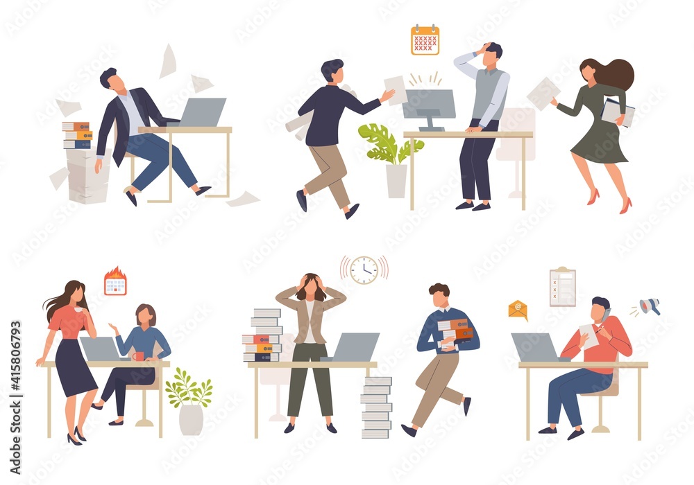 People in stress work set. Hot project delivery schedule and heavy processing female character holding his head in despair from overwork man overloaded with business affairs. Vector overwork.