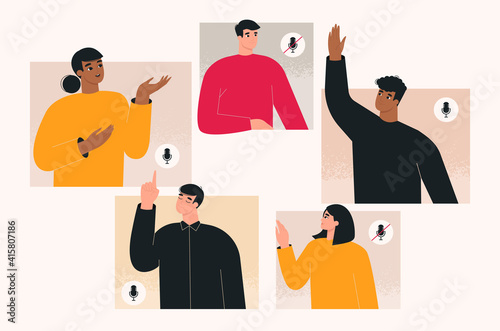Audio chat concept. Group of people talking and listening in an online audio or video social network. Voice call app, internet conference, webinar, team meeting. Isolated flat vector illustration 