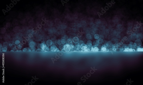 Blue bokeh and reflection. Glowing glitter particles. Dark backdrop. Abstract night background. © Khrystyna