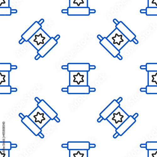 Line Torah scroll icon isolated seamless pattern on white background. Jewish Torah in expanded form. Star of David symbol. Old parchment scroll. Colorful outline concept. Vector.