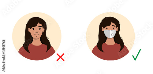 Valve mask required. Woman with and without respirator. Type FFP2, N95. Vector illustration.