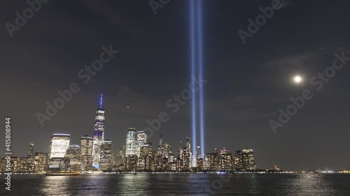 Majestic night timelapse of lower Manhattan, New York City. Wide angle