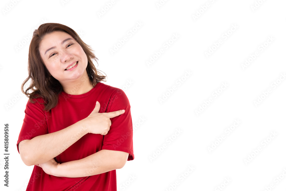 Portrait of middle age 40s Asian womanIs smiling happily And pointed to the side In the free space to add letters Portrait of middle age 40s Asian womanIs smiling happily And pointed to the side In the free space to add letters