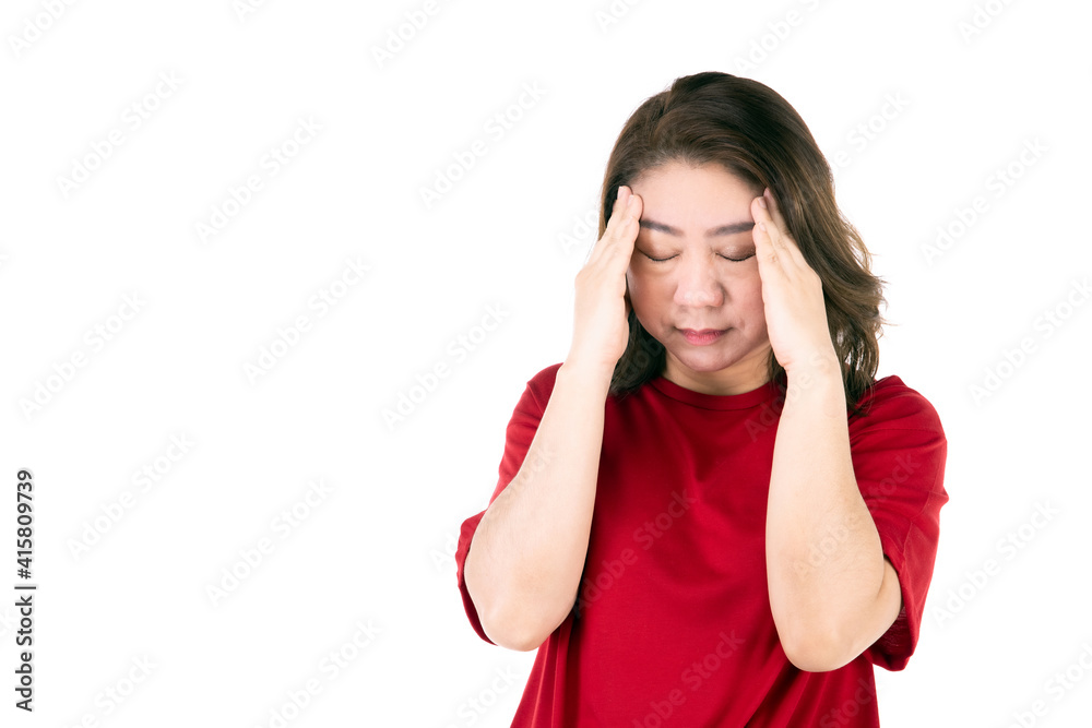 Portrait of middle age 40s Asian woman Middle aged women In a bright red shirt Doing a headache gesture With a painful expression Portrait of middle age 40s Asian woman Middle aged women In a bright red shirt Doing a headache gesture With a painful expression