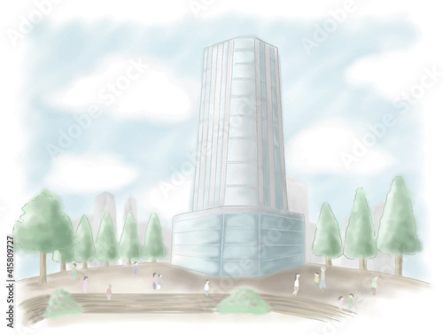 マンションを中心に緑豊かな街並みの手描き水彩イラスト