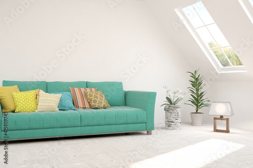 White living room with colorful sofa. Scandinavian interior design. 3D illustration