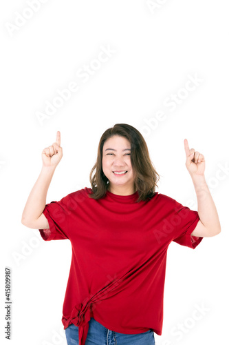 Portrait of middle age 40s Asian woman. pointing up Isolated on white background