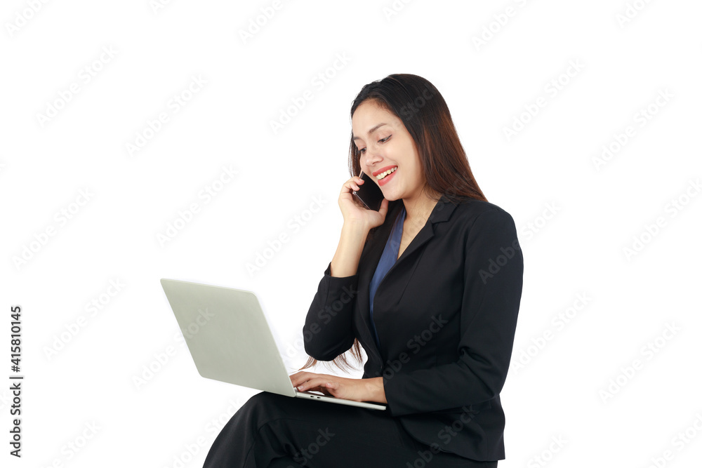 Isolated of long hair beautiful businesswoman sitting on chair using smartphone and laptop on white background. Isolated of long hair beautiful businesswoman sitting on chair using smartphone and laptop on white background.