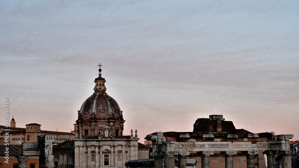 Imperial Forum, Traian Column and Santa Maria di Loreto Church in Rome, Italy