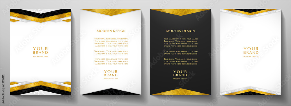 Modern white, black cover design set with gold geometric lines (triangle). Luxury creative premium pattern backdrop. Formal vector background template for business brochure, certificate, diploma, invi