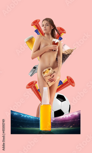 Contemporary art collage. Portrait of beautiful girl posing over pink background. Creative conceptual artwork modern styled with sports, food and drink elements. Copy space for ad.