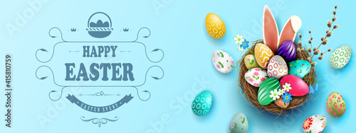 Easter light blue illustration, eggs in a basket with a beautiful pattern, bunny ears