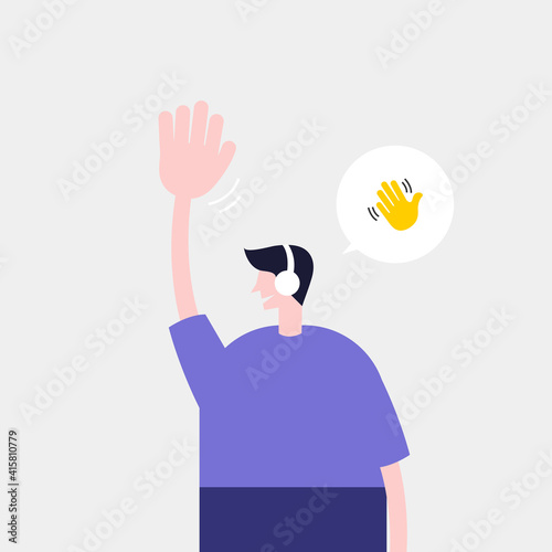 The man raised his hand while listening to audio live streaming.