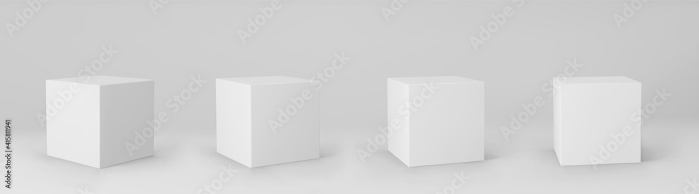 White 3d cubes set with perspective isolated on grey background. 3d modeling box with lighting and shadow. Realistic vector icon White 3d cubes set with perspective isolated on grey background. 3d modeling box with lighting and shadow. Realistic vector icon