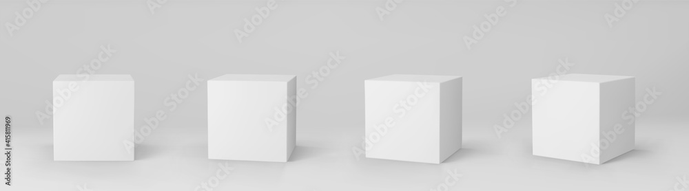 White 3d cubes set with perspective isolated on grey background. 3d modeling box with lighting and shadow. Realistic vector icon White 3d cubes set with perspective isolated on grey background. 3d modeling box with lighting and shadow. Realistic vector icon
