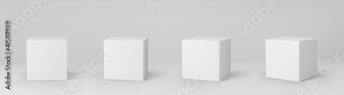 White 3d cubes set with perspective isolated on grey background. 3d modeling box with lighting and shadow. Realistic vector icon