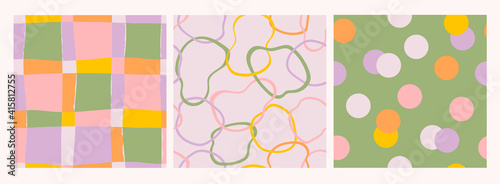 Set of three seamless Patterns. Backgrounds, wallpapers. Hand drawn doodle shapes, circles, lines, dots, spots. Abstract contemporary modern trendy Vector illustration. Every pattern is isolated