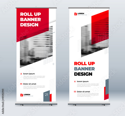 RedBusiness Roll Up Banner. Abstract Roll up background for Presentation. Vertical roll up, x-stand, exhibition display, Retractable banner stand or flag design layout for conference, forum.