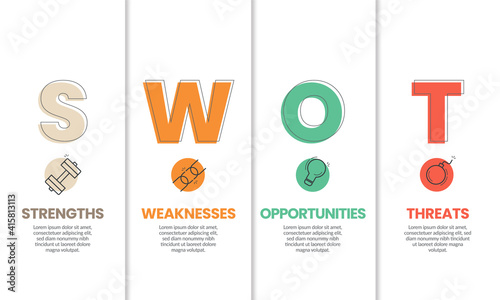 The colorful and white presentation layout is paper style. The infographic design template has four elements with linear icons and editable text in SWOT Analysis concept for business planning. 