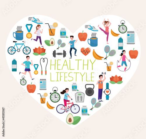 bundle of healthy lifestyle set icons in heart