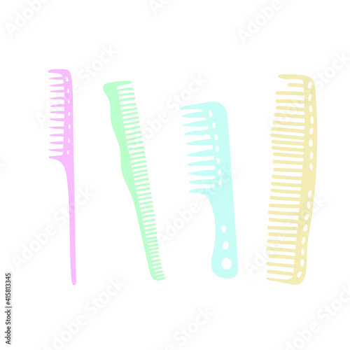 Hand-drawn hairdressing items  tools  comb. Vector set of accessories for a beauty salon isolated on white. Cute  kids  cartoon. Hair cutting and styling. Heart  hair  barber  barbershop