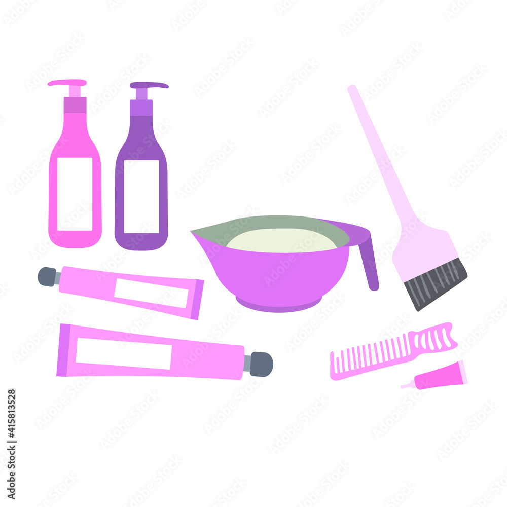 Vector set of elements, objects, tools, accessories for hair coloring. Pink paintbrush, dye bowl, dye brush, hair dye, comb. Isolated on white, hand-drawn. Hairdresser, coloris, barbershop, barber Vector set of elements, objects, tools, accessories for hair coloring. Pink paintbrush, dye bowl, dye brush, hair dye, comb. Isolated on white, hand-drawn. Hairdresser, coloris, barbershop, barber