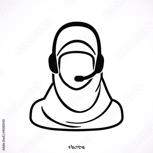 Call center operator with headset web icon design. Client services and communication, customer support, phone assistance, information. Illustration vector of arab or muslim women.