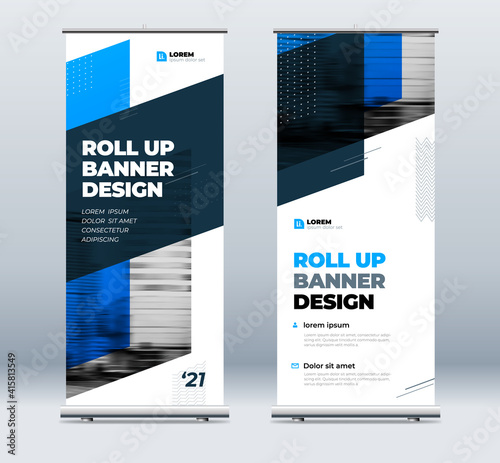Blue Business Roll Up Banner. Abstract Roll up background for Presentation. Vertical roll up, x-stand, exhibition display, Retractable banner stand or flag design layout for conference, forum.
