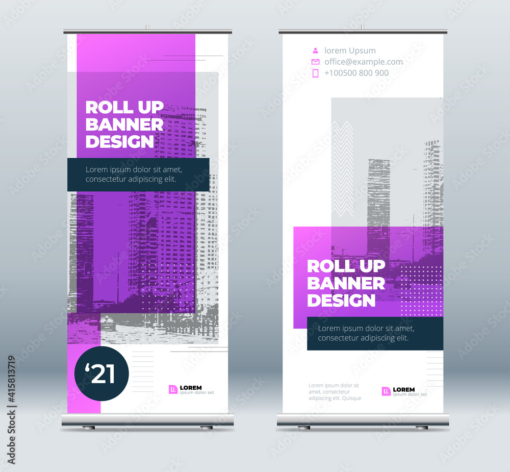 Purple Business Roll Up Banner. Abstract Roll up background for Presentation. Vertical roll up, x-stand, exhibition display, Retractable banner stand or flag design layout for conference, forum.