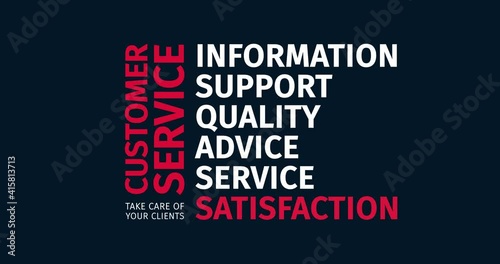 Customer service. Take care ofyour clients. Animated word cloud. Kinetic text animation. Intro