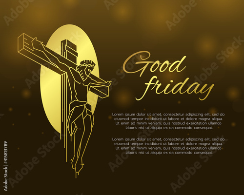 good friday banner with gold text and abstract gold line Jesus Christ On The Cross vector design