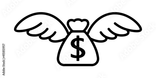 Dollar money bag with wings line icon. Clipart image isolated on white background