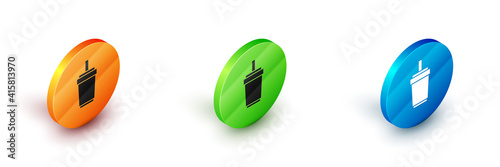 Isometric Paper glass with drinking straw and water icon isolated on white background. Soda drink glass. Fresh cold beverage symbol. Circle button. Vector.