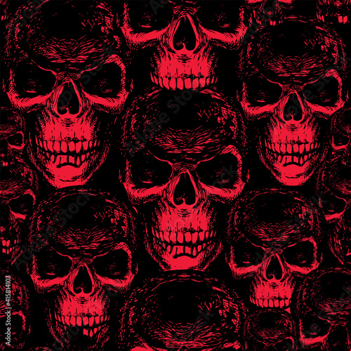 Seamless pattern with hand-drawn sinister human skulls. Vector background with scary skulls in black and red colors. Suitable for wallpaper, wrapping paper, fabric, design element for halloween party