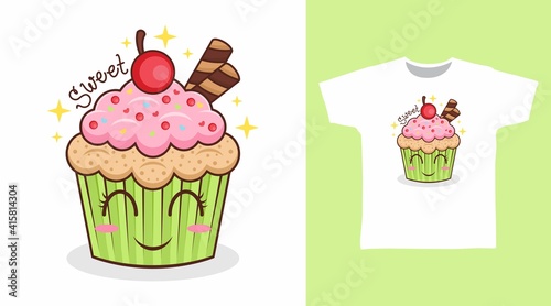Sweet cupcake with cherry cartoon illustration t-shirt design vector