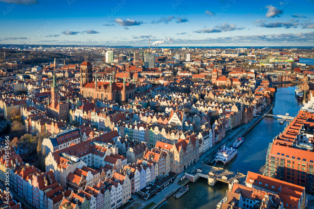 Aerial view of the old town of Gdansk with beautiful architecture at sunny day, Poland