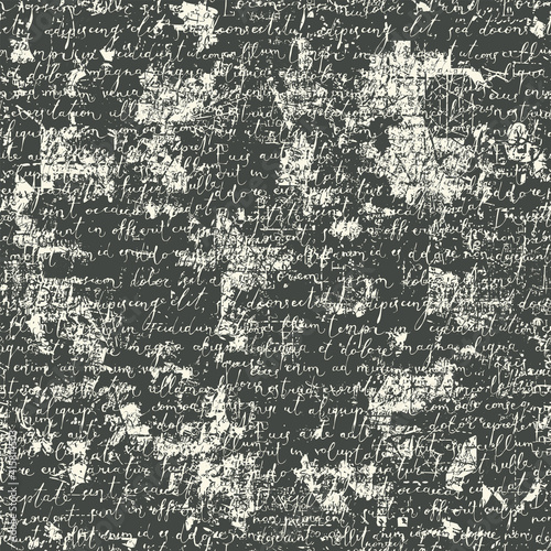 Abstract seamless pattern with handwritten text Lorem Ipsum on a dark backdrop in retro style. Vintage vector repeating background, old dirty manuscript, wallpaper, wrapping paper, fabric