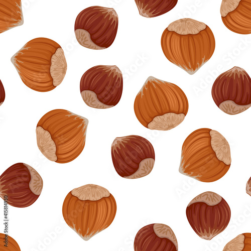 Hazelnuts in shells seamless pattern. Vector illustration in cartoon flat style. Organic food background.